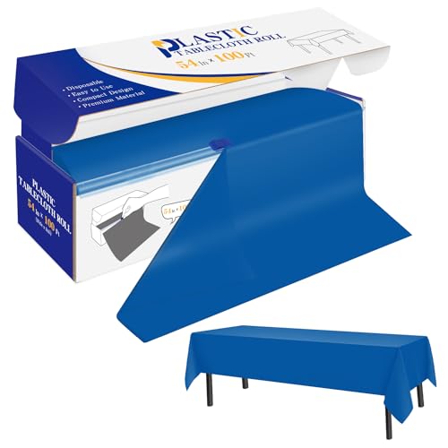 YSYJ Plastic Table Cover Roll Blue Disposable Table Cloth 54 in x 100 Ft, Plastic Table Cloths with Slide Cutter Table Cover for Parties