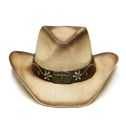 Image of YOUBADU Western Straw Cowboy and Cowgirl Hats with Decorative Bands - Unisex Wide Brim Raffia Style Sun Hat