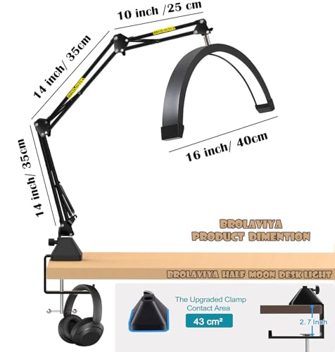 Image of BROLAVIYA 16in Half Moon Tabletop Lamp Light with 3 Axis Swing Metal Arm Stand, 3 Lighting Modes, 360 Degree Spin for Detailed Work, Home Office, Desktop, Make up, Reading, Black