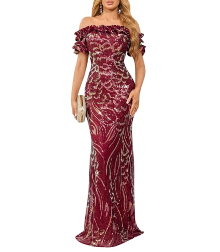 Image of dasmzper Women Sexy Sequin Off Shoulder Ruffle Short Sleeve Bodycon Mermaid Party Formal Evening Maxi Dress