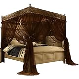 Nattey 4 Corners Post Canopy Bed Curtains Queen for Adults Girls- 4 Openings Bed Drapes Canopy Sheer Cover-Bedroom Decoration Accessories (Coffee)