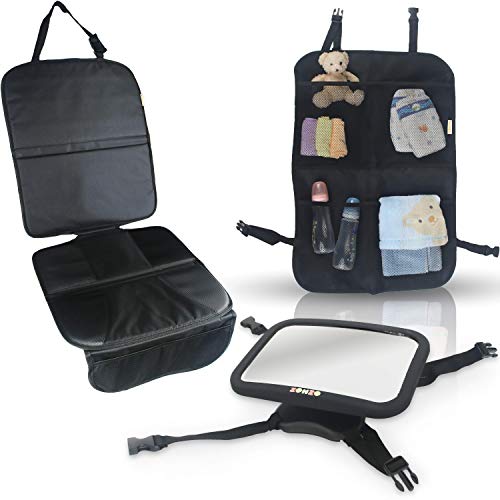 Image of Zohzo Baby Car Bundle - Car Seat Protector Cover, Baby Car Mirror, & Kick Mat Organizer for Baby Shower, New Infants, and Rear Facing Car Seats