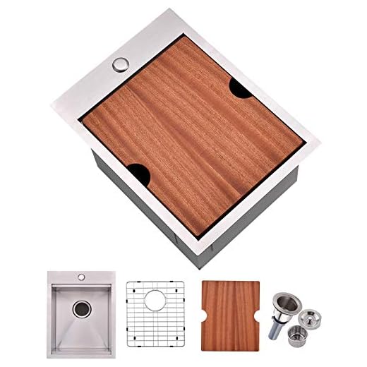 VALISY 15x20 inch 304 Stainless Steel Square Topmount Drop-In Small Workstation Kitchen Bar Sink,Single Basin Sink for Wet Bar Prep RV Yard Office Laundry with Dish Grid & Drain & Cutting Board