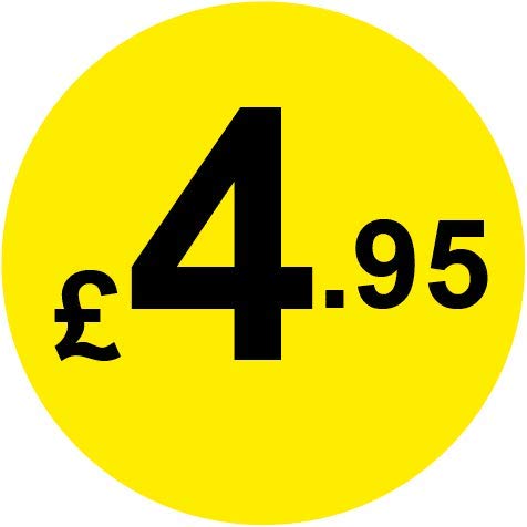 Permanent Adhesive - Black & Yellow 30mm Price Stickers/Labels from 10p to £5.25, 500, £4.95 — image 1