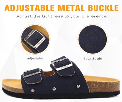 Image of ONCAI Womens Flat Slide Sandals with Arch Support 2 Strap Adjustable Buckle Slip on Slides Shoes Non Slip Rubber Sole