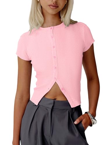 Image of Womens Short Sleeve Sweater Tops Crew Neck Button Casual Summer Sweaters Ribbed Knit Cropped Cardigans