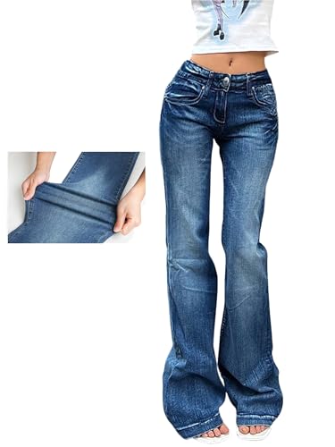 EMMIOL Flared Jeans for Women Mid-Low Waist Curvy Fashion Bootcut Trousers Faded Denim M