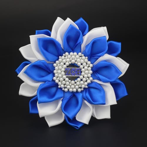 Image of Keeblon ZPB Sorority Gift for Women Pearl ZPB Brooch Pin 1920 Finer Women Jewelry Greek Sisterhood Gift (Satin 5.5 inch Flower Sorority Pin)