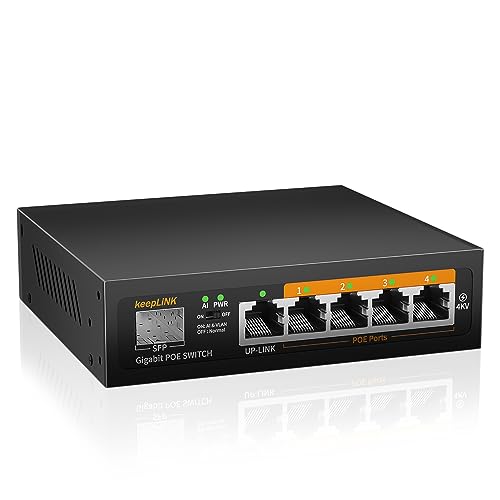 keepLiNK 6 Port Gigabit PoE Switch, 4 PoE+ Ports 1000Mbps, 1 Gigabit Uplink, 1 SFP Slot, 52W 802.3af/at, VLAN Mode