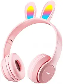 Fone de Ouvido Bluetooth com Orelhas de Coelho LED, 18h de Bateria (Rosa)