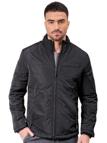 The Indian Garage Co Men's Slim Fit Solid Bomber Jackets, Black, L