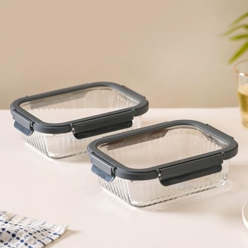 Image of Nestasia Glass Lunch Box for Women and Men (Set of 2-1040ml Each) - Borosilicate Rectangular Clear Lunch Box for Office Use, Microwave Safe, Airtight Tiffin Containers with Safety Lock