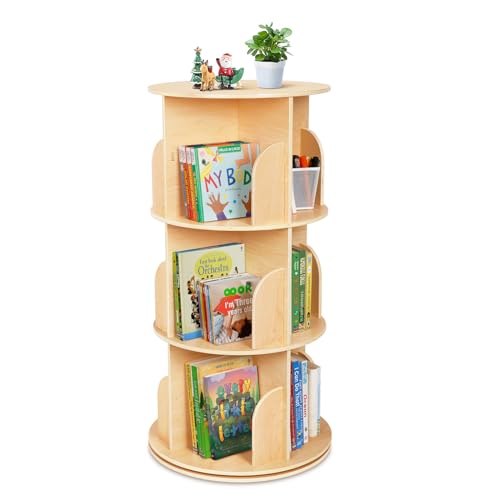 OOOK Kids Rotating Bookshelf, Small Corner Bookshelf for Small Space, 360° Display 3 Tier Floor Standing Bookcase Storage Rack, Wooden Narrow Bookcase Organizer for Bedroom, Living Room