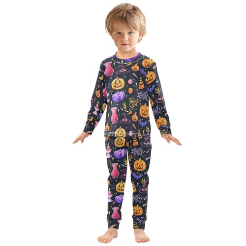 Fustylead Halloween Vibrant Pumpkin Witch Bat Candle Web Cotton Pajama Sets 2 Piece PJ Top and Bottom Nightwear Set3