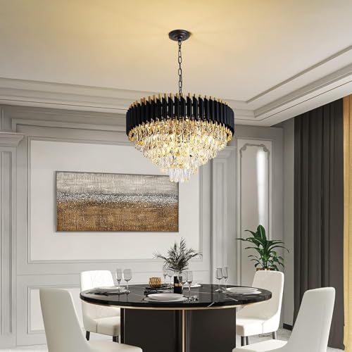 Image of Luxurious 500mm Black Gold Modern Chandelier with K9 Crystals | Warm White, Moonlight & Golden Light | Ceiling Hanging Light for Living Room, Dining Room, Bedroom, Hallway