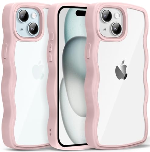 iPhone 15 ケース クリア ウェーブ おしゃれ 韓国 かわいい 可愛い アイフォン15 スマホケース 人気 シンプル 滑り止め 薄型 軽量 耐衝撃 指紋防止 レンズ保護 ストラップホール付き シリコン 透明(ピンク)
