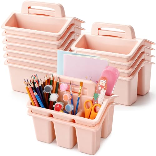 Image of WILLBOND 12 Pcs Classroom Storage Caddies Stackable Utility Caddies with 4 Compartment Plastic Caddy with Handle Portable Storage Bins Organizers for Kids Schools Art Craft Supplies(Pink)