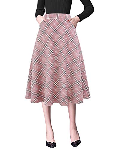IDEALSANXUN Wool Skirts for Womens High Waist Aline Pleated Midi Skirts (Large, Mid-Calf Pink)