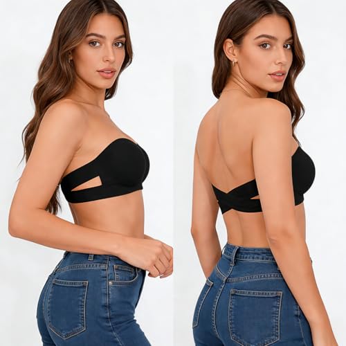 Image of SANNIDHI Strapless Bra for Women Non-Slip Silicone Bandeau Bras Wireless Clear Straps Comfy Tube Top Bralette Padded Bra