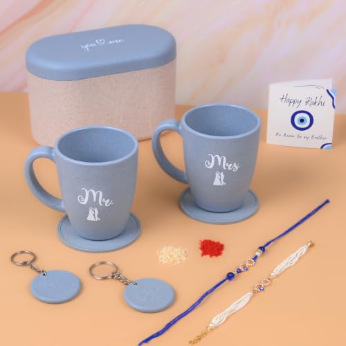 Image of Eha Earth Friendly Rakhi for Brother and Bhabhi Gift Made with Rice Husk | Bhaiya Bhabhi Rakhi Set | Printed Mugs & Rakhi Hamper | Gift for Rakshabandhan