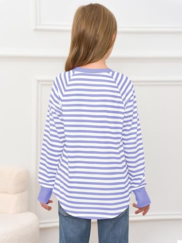 Image of Haloumoning Girls Striped Long Sleeve Shirts 5-14 Years | Thumb Hole, Crewneck, girls tops,Tunic Tops, Curved Hem Tees