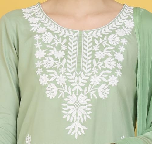 Image of Kaari Women's Chikankari Kurta Set with Dupatta -Straight Fit | Chiffon Dupatta with Embroidered Band | Straight Pant with Side Pocket | Kurta Set for Women