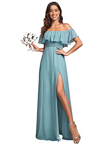 Image of Ever-Pretty Women's Summer Off The Shoulder Flowy Chiffon Formal Wedding Guest Dresses Maxi Side Split Beach Bridesmaid Dress
