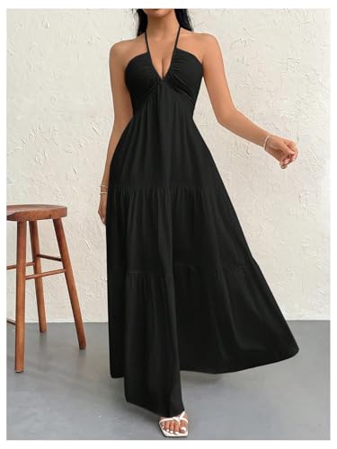 Image of SHENHE Women's Deep V Neck Tie Knot Backless Halter Dress A Line Flowy Ruffle Maxi Dress
