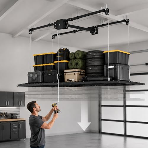 Overhead Garage Storage Rack 5×9 FT, Pull Down Garage Ceiling Storage Lift System with Drill-Operated Crank, Heavy Duty Ceiling Mounted Organizer with Safety Lock, 400 LBS Capacity