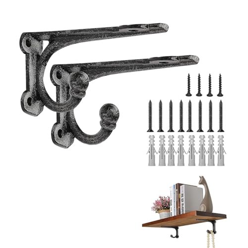 ChasBete Regalhalterung 2 Stück, Schwerlast Regalhalterung 10 cm, Schwarz Regalträger mit Haken, Metall Wandhalterung Regal Winkel