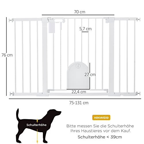 PawHut Türschutzgitter Treppenschutzgitter Hunde Absperrgitter Schutzgitter für Haustier Hundegitter Klemmbefestigung Metall ABS Weiß 75-131 x 76 cm