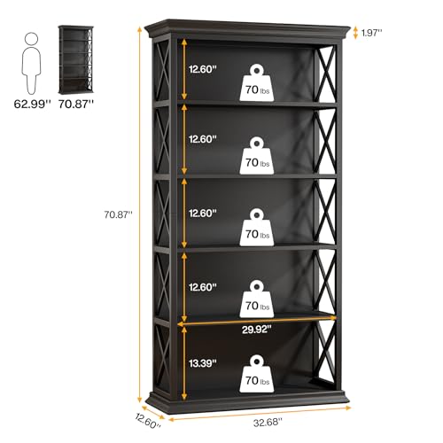 Tribesigns 6-Tier Bookcase, 71 Inches Industrial Bookshelves and Bookcases, Floor Standing 5 Shelf Display Storage Shelves Tall Bookcase for Home Office, Living Room, Bed Room, All Black by Tribesigns - Image 6