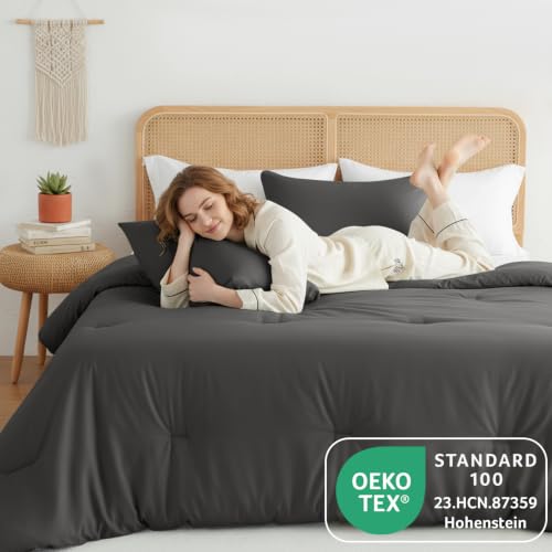 Image of HIMEET King Size Comforter Set, 3 Pieces with 2 Pillowcases, Dark Grey | 270GSM Down Alternative Fill, Oeko-TEX Certified, 8 Corner Ties Quilted, All Season, Fluffy Bed Set, Bedroom Decor Bedding