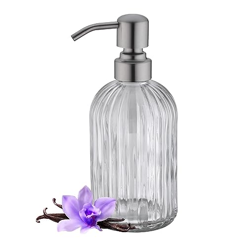 Leetcp Glass Soap Dispensers for Kitchen and Bathroom 16oz Heavey Glass Bottle Stainless Steel Brushed Nickel Pump Clear Farmhouse Bathroom Soap Dispenser