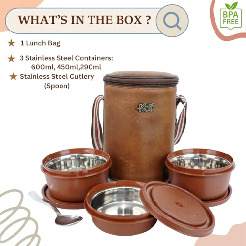 Image of KOI Insulated Lunch Box Set | 3 Inside Steel Containers (290ml, 450ml, 600ml) with BPA Free Lid | Leakproof Microwave Safe Tiffin | Adjustable Shoulder Strap Lunch Bag for Office Travel, Mempish Brown