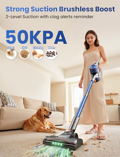 Image of Dzaki Cordless Stick Vacuum Cleaner, 50KPa Brushless Motor Vacuum with Anti-Tangle, LED Display, 55-Min Runtime & Detachable Battery for Pet Hair, Carpet & Hardwood Floors (Blueorange)