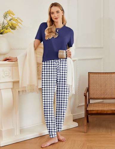 Image of Ekouaer Pajamas for Women Set 2 Pack Lounge Set Short Sleeve Pjs Joggers Long Pants Loungepwear with Pockets