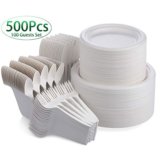 Fuyit 500Pcs Disposable Dinnerware Set for 100 Guests, Compostable Sugarcane Cutlery Eco-Friendly Tableware