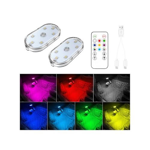 2 luci LED per interni auto, con telecomando, 7 colori, illuminazione ambientale per interni auto, ricaricabile tramite USB, luci a LED portatili per auto