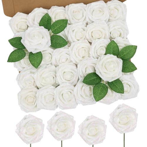 MACTING 30PCS Artificial Glitter Roses Real Looking Fake Flowers with Stem White Foam Roses for Wedding Bouquet Centerpieces Party Wreath Home Easter Spring Mothers Day Decorations