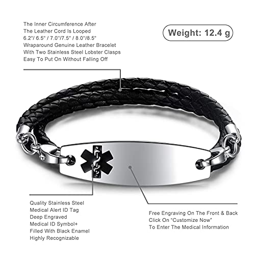 Free Engraving Medical Alert Bracelets for Women & Men with Rolo Leather Rope | Interchangeable Replacement Bracelet | Stainless Steel Personalized Medical ID Tag2