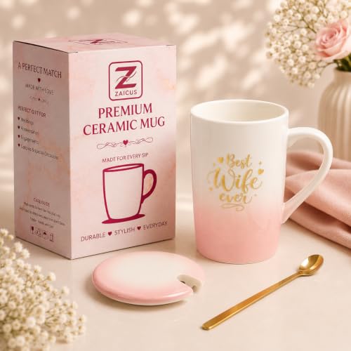 Image of ZAICUS Best Wife Ever Coffee Mug with Lid & Spoon, Ceramic Gift for Wife | Perfect for Coffee, Tea & Daily Use | Romantic Gift for Wife | Home & Office Drinkware