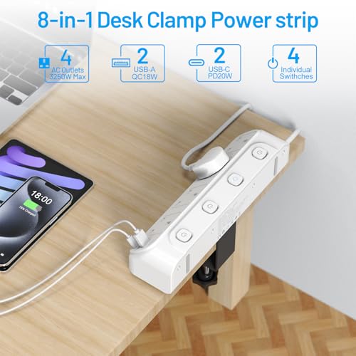 Desk Extension Lead with 4 USB Slots, BEVA 4 Way Surge Protected Plug Extension with PD20W USB C Charger, Individual Switches, Mountable Desktop Clamp Power Socket with 1.8M Cable-White