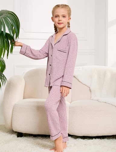 Kids Girls Pajamas Set Girl Ribbed Knit Long Sleeve Button-up Pajama Sleepwear Nightwear Loungewear Set3