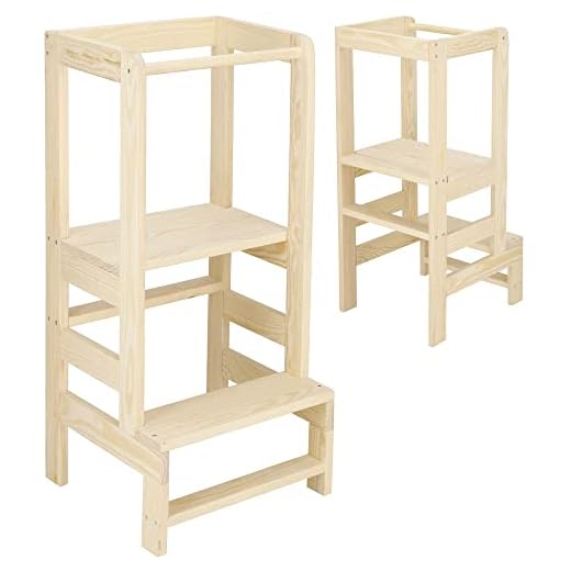SPRINGOS Torre Aprendizaje Montessori de Auto-Montaje Taburete de Madera de Altura Ajustable para niños Cocina ayudante Ayuda para Bebe Silla Plegable