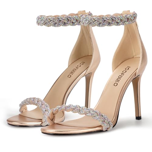 100FIXEO Women's Rhinestone Open Toe Stiletto Heeled Sandals Elegant Ankle Strap Wedding High Heels Sexy Dressy Shoes4