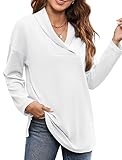 BZB Long Sleeve Shirts for Women Casual Fall Tunic Tops Long V Neck Oversized Loose Fitting Pullover Sweater White M