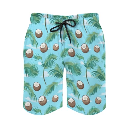 Watercolor Coconut Men's Swim Trunks Quick Dry Palm Leaves Summer Surfing Shorts Swimwear Bathing Suits with Pockets