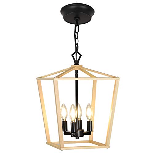 Wooden Chandeliers,12 in Lantern Pendant Lighting,Rustic Farmhouse Kitchen Lighting Fixture,Dimmable and Adjustable Height, Wood Cage Ceiling Light Fixture for Stair Island Bedroom Hallway,by MXFLES