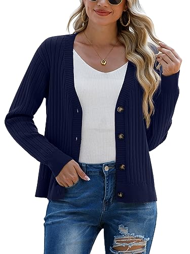 Image of FREEOAK Women's Lightweight V Neck Wool Blue Cardigan Cozy Cotton Sweaters Button Down Cardigan for Women Winter Fall Casual Sweaters Navy Blue 2XL